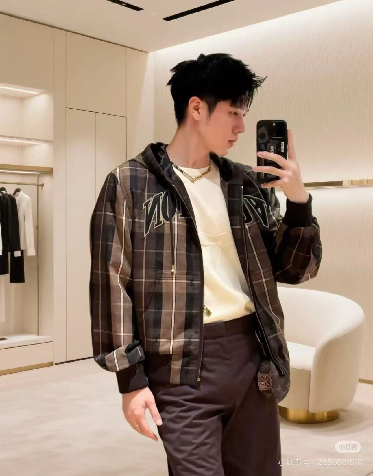 Louis Vuitton/Louis Vuitton Retro plaid curved letter embroidered hooded jacket